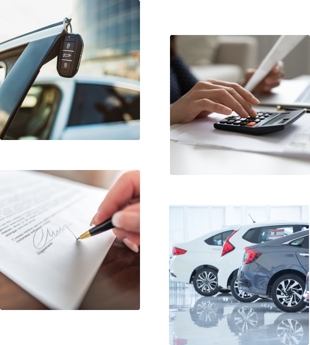 four pictures showing a car key on a car door. A person using a calculator. A person signing a contract and some cars parked on a showroom floor.